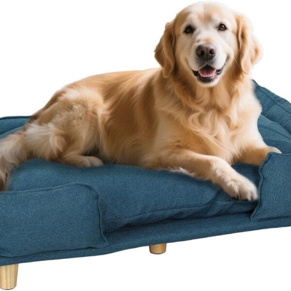 PawHut Dog Sofa, Raised Dog Couch with Comfortable Cushion, Pine Wood Legs, Foot Pads, Pet Sofa for Large-Sized Dogs Indoor Use, Dark Blue