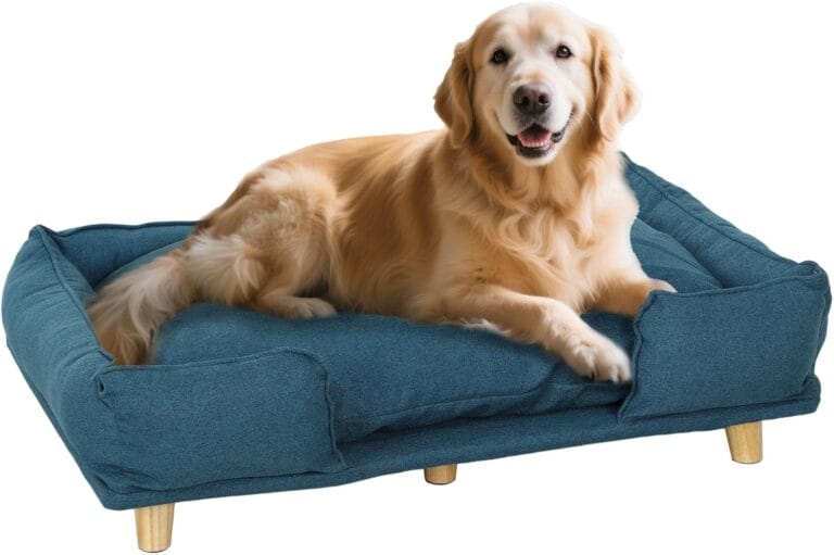 PawHut Dog Sofa, Raised Dog Couch with Comfortable Cushion, Pine Wood Legs, Foot Pads, Pet Sofa for Large-Sized Dogs Indoor Use, Dark Blue