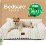 Bedsure Cute Cat Couch for Pets - Fluffy Dog Bed Small Medium Size Dog with Premium Soft Corduroy Fleece, Pet Sofa with Removable Washable Cover, Supportive Couch Bed for Small Dogs, 30inch, Cream