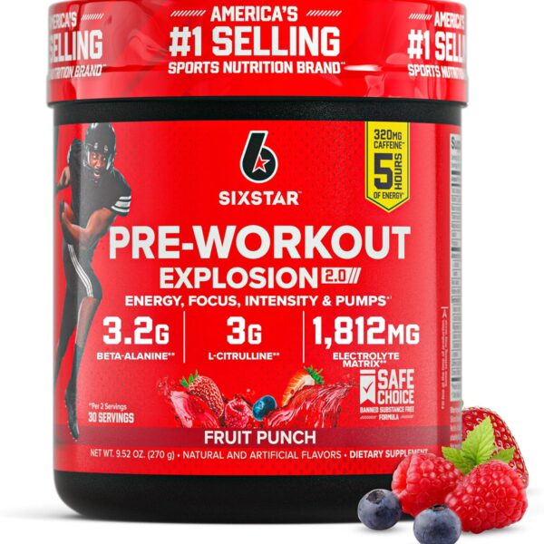 Six Star Pre-Workout Powder for Men & Women, Fruit Punch (30 Servings) - Preworkout Explosion 2.0 Energy Powder Drink Mix with Beta-Alanine & Caffeine - Sports Nutrition Supplement Products