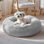 Deconovo Calming Donut Dog Bed, Washable Plush Round Pet Bed for Small Dogs & Cats with Raised Rim, Non-Slip Base and Soft Faux FurLightweight, Easy-Care Design Light Grey 21" L x 21" W x 8" Th