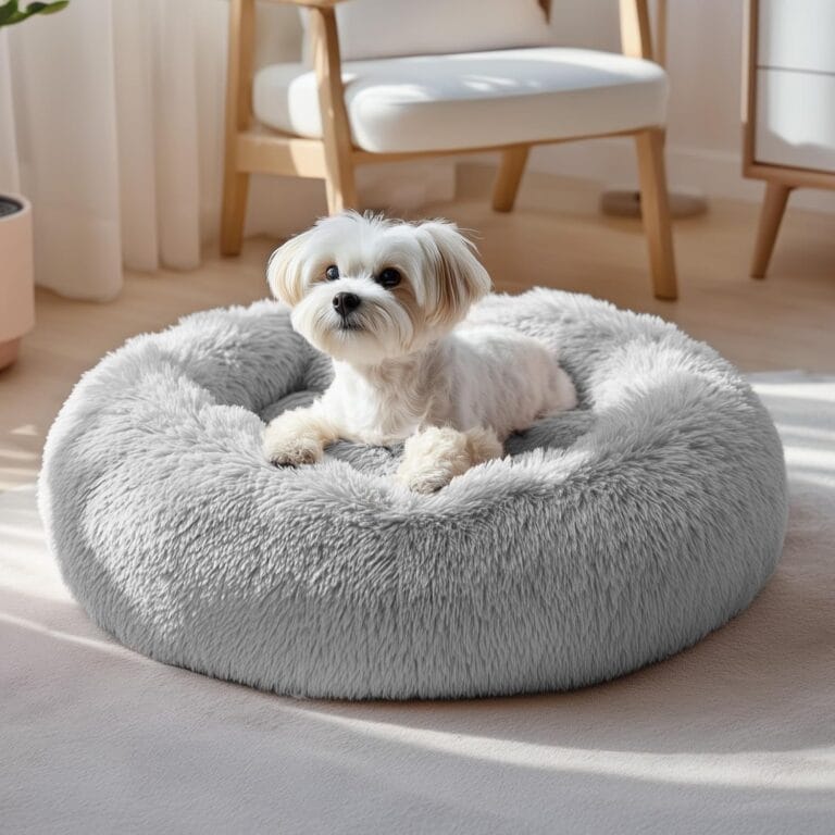 Deconovo Calming Donut Dog Bed, Washable Plush Round Pet Bed for Small Dogs & Cats with Raised Rim, Non-Slip Base and Soft Faux FurLightweight, Easy-Care Design Light Grey 21" L x 21" W x 8" Th