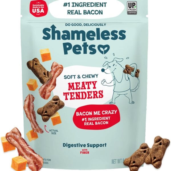 Shameless Pets Soft & Chewy Dog Treats, Bacon Me Crazy Meaty Tenders, 8oz Real Bacon is 1st Ingredient Grain Free, No Corn or Soy Digestive Support for Small, Medium & Large Dogs
