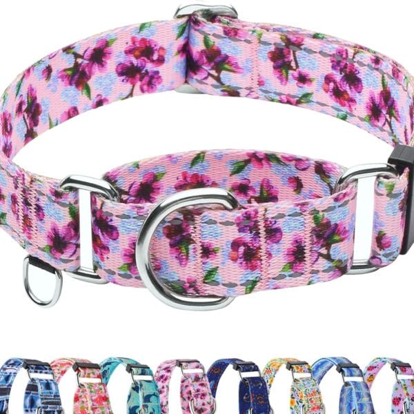 Reflective Martingale Collar for Dogs Nylon Training Collar with No Buckle Cute Floral No Pull Dog Collar for Large DogsPurple FlowerL