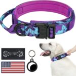 Hotsky Tactical Dog Collar, Adjustable Military Training Nylon Airtag Collar with Handle and Heavy Duty Metal Buckle for Medium Large Dogs, with Airtag Holder and Two PatchesPurple Camo,L