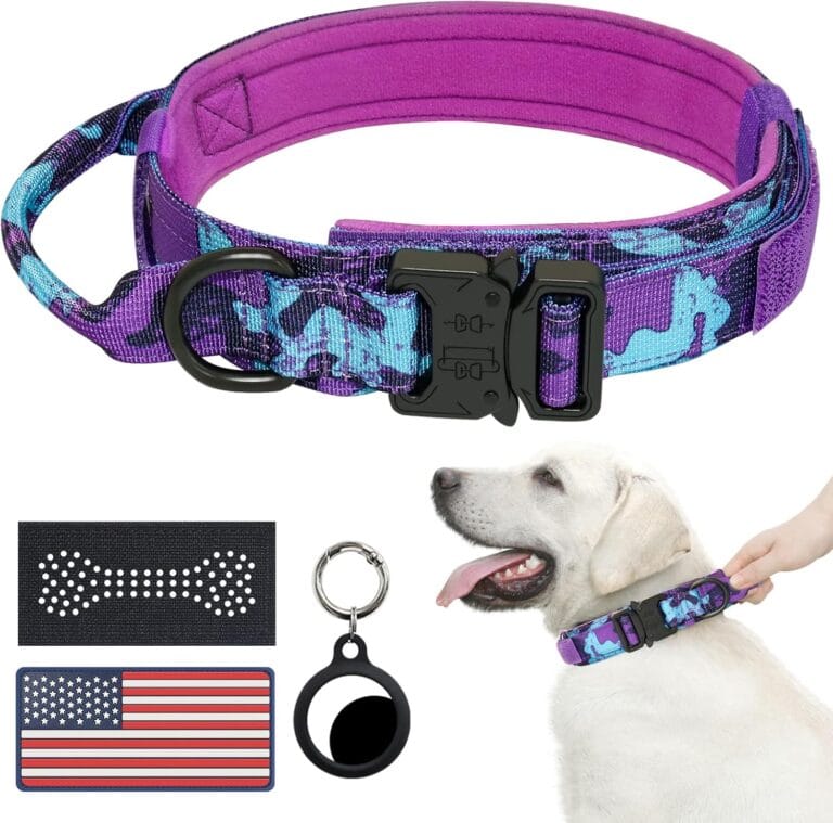 Hotsky Tactical Dog Collar, Adjustable Military Training Nylon Airtag Collar with Handle and Heavy Duty Metal Buckle for Medium Large Dogs, with Airtag Holder and Two PatchesPurple Camo,L