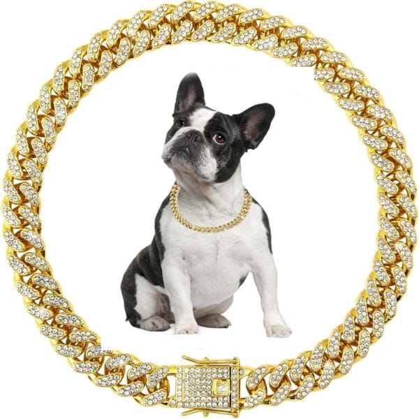 Gold Dog Chain Necklace, Diamond Dog Collar, Metal Bling Choke Cuban Link Dog Collar, 13mm Wide Pet Jewelry for Puppy Small Medium Large Dogs Cats (14inch)