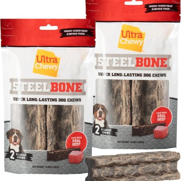Ultra Chewy Steel Bones X-Large Size Beef Flavor - Super Long Lasting Dog Chews - Rawhide Free & Highly Digestible - Unique Shape Helps Clean Teeth - Ideal Dog Bones for Aggressive Chewers