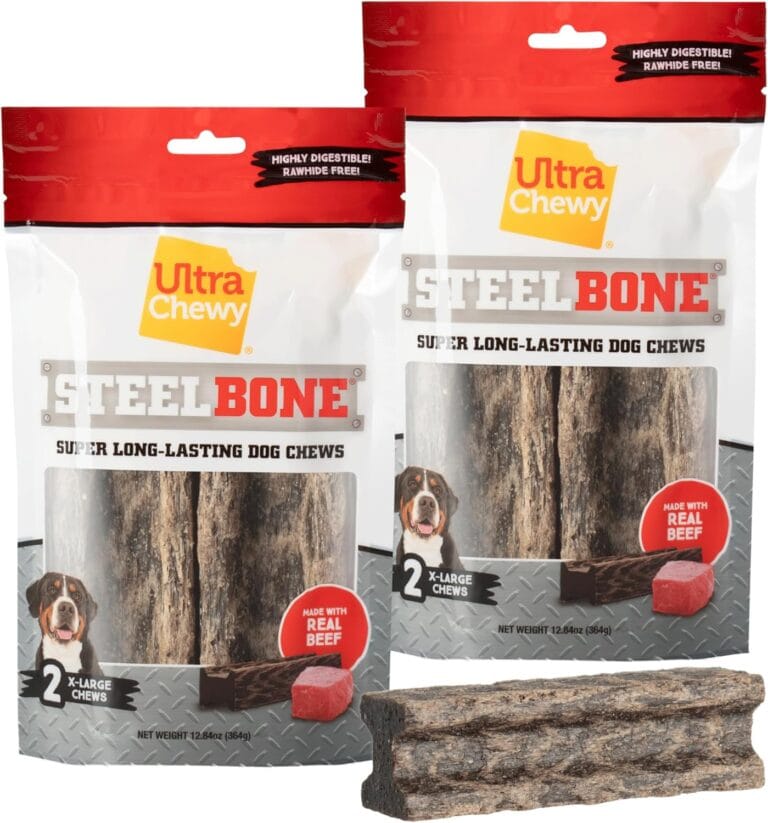 Ultra Chewy Steel Bones X-Large Size Beef Flavor - Super Long Lasting Dog Chews - Rawhide Free & Highly Digestible - Unique Shape Helps Clean Teeth - Ideal Dog Bones for Aggressive Chewers