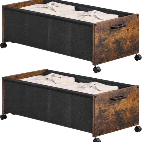 Under Bed Storage with Wheels, Wooden Under Bed Drawers On Wheels, Rolling Under Bed Shoe Storage, Space Saving, Rustic Brown,Quadruple Size,90L