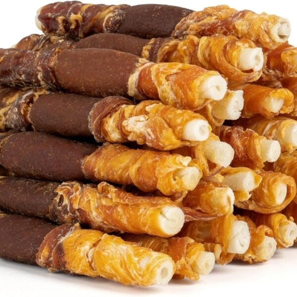 MON2SUN Dog Treats, Triple Flavor 5 Inch Chicken Liver Duck and Chicken Wrapped Rawhide Snacks for Small and Medium Dogs, 21.16 Oz (30 Count-Pack of 1)