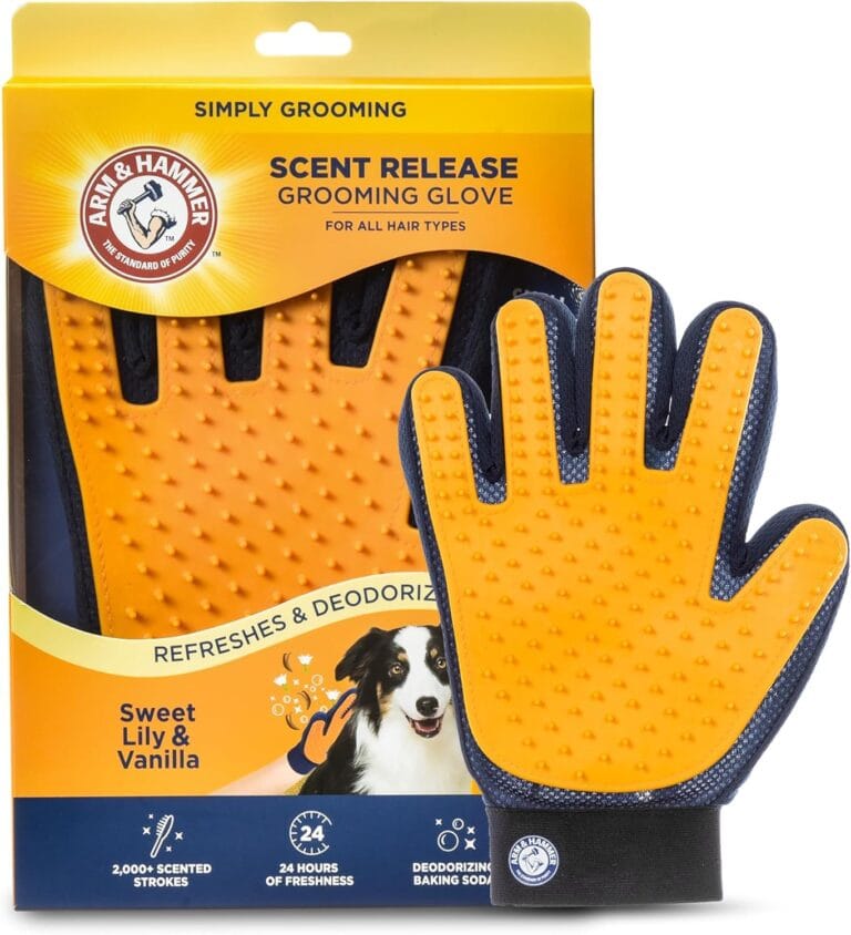 Arm & Hammer Deodorizing Dog Grooming Glove with Fragrance Transfer Technology  Scented Deshedding Dog Brush for Bathing, Pet Hair Removal Glove, Sweet Lily & Vanilla Scent