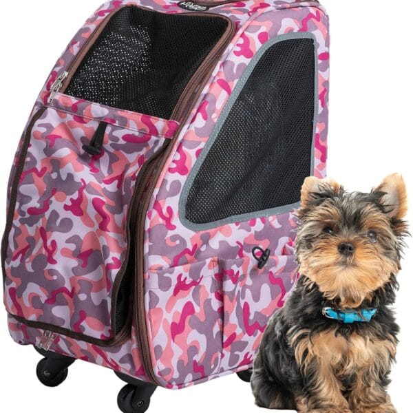 Petique 5-in-1 PET Carrier, Features: Rolling, Top Handle, Backpack, Luggage Attachment, Car Seat All in ONE for Small to Medium Dog, Cat, Bunny, Supports Pets up to 25LBS - Pink CAMO