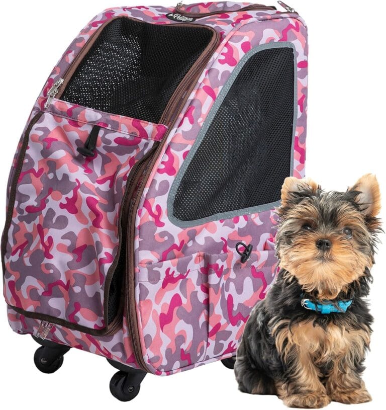 Petique 5-in-1 PET Carrier, Features: Rolling, Top Handle, Backpack, Luggage Attachment, Car Seat All in ONE for Small to Medium Dog, Cat, Bunny, Supports Pets up to 25LBS - Pink CAMO