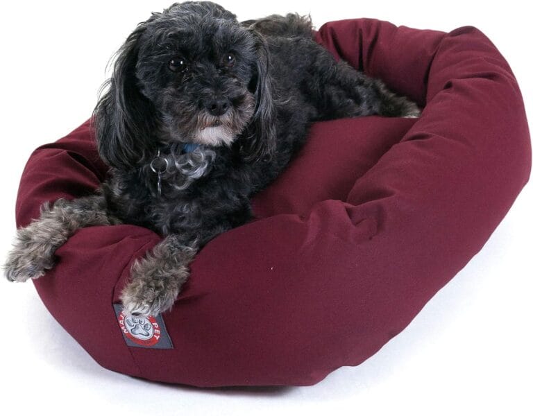 Majestic Pet 24 Inch Bagel Calming Dog Bed Washable  Cozy Soft Round Pet Bed with Spine Support for Dogs to Rest their Head - Fluffy Donut Puppy Bed 24x19x7 (Inch) - Small  Burgundy