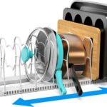 SIMPLE HOUSEWARE Expandable Pan Organizer Rack, 10 Adjustable Compartments, White - Kitchen Cabinet Organizer for Pots, Pans, Lids & Bakeware - Pantry & Countertop Storage