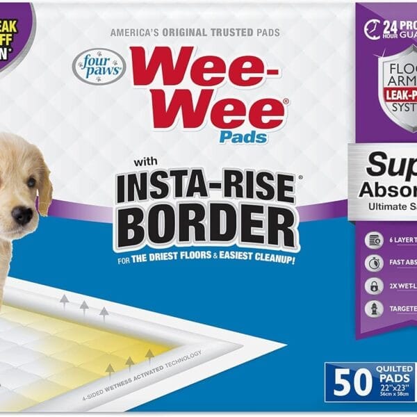 Four Paws Wee-Wee Super Absorbent Unscented Pee Pads for Dogs & Puppies with Insta-Rise Border, Leak-Proof Dog Housebreaking Potty Training Floor Protection, 22" x 23", 50 Count