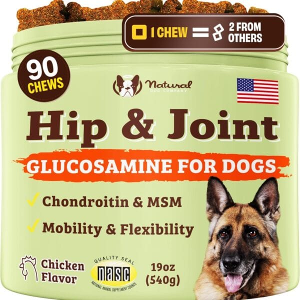 Natural Dog Company Hip & Joint Supplement for Dogs  Supports Mobility, Flexibility & Comfort, Glucosamine, Chondroitin, MSM & Turmeric, Chicken Flavor, 90 Count
