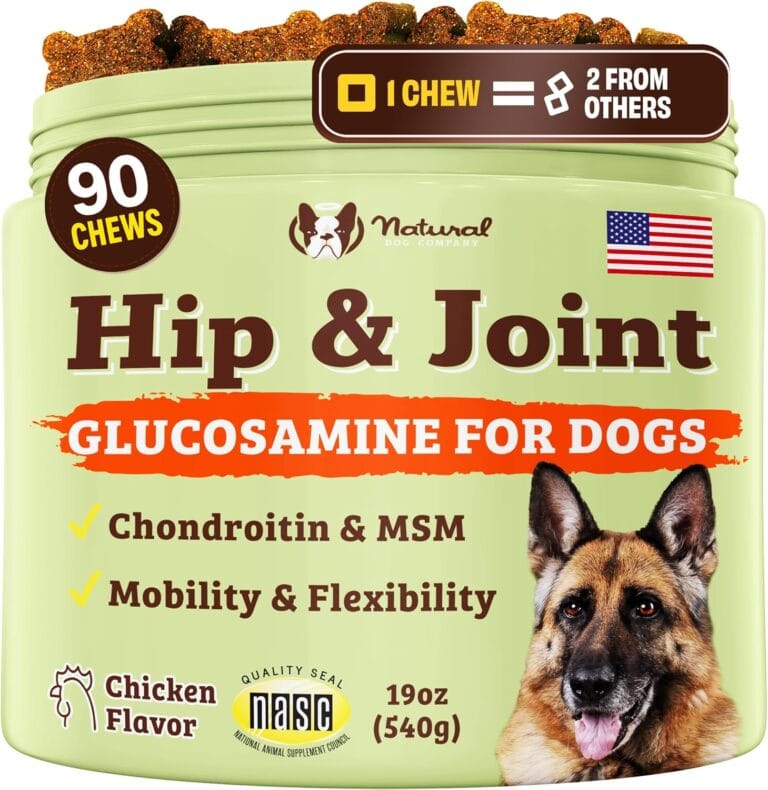 Natural Dog Company Hip & Joint Supplement for Dogs  Supports Mobility, Flexibility & Comfort, Glucosamine, Chondroitin, MSM & Turmeric, Chicken Flavor, 90 Count