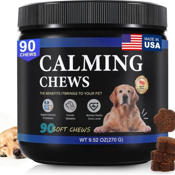 Advanced Melatonin for Dogs, 90 Calming Chews for Large Small Dogs, Anxiety Relief, Sleep Support - Valerian Root & L-Theanine - Calming Aid for Thunderstorms, Travel, Separation (Bacon)-Made in USA