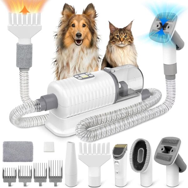 Dog Vacuum Grooming & Hair Dryer for Shedding Grooming, 6 in 1 Pet Grooming Vacuum for Dogs Cats at Home with Pet Clippers and 4 Combs, 9 Adjustable Speed and Temperature Control Dog Blower