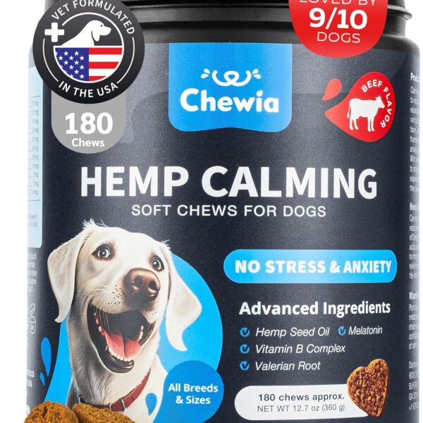 Hemp Calming Chews for Dogs - Dog Calming Treats - Anxiety Relief for Dogs with L-Theanine, Chamomile Extract, Valerian Root - Dog Anxiety Relief for Travel, Vet Visits, Thunderstorms, Nail Trimming