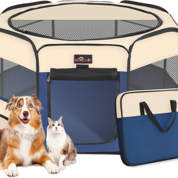 Aivituvin Dog Playpen, Foldable Pet Play Pens with Carrying Bag for Cat, Puppies, Rabbits, Portable Dog Tent Crates Cage for Travel Camping Indoor Outdoor, Removable Shade Cover, Blue S