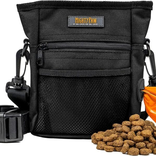 Mighty Paw Dog Treat Pouch | No Spill Magenetic Clasp - Hands-Free Pouches for Training - Pets Training Treat Pouches for Dog Walks - Pet Bags Pouch - Built in Poop Bag Holder - Black