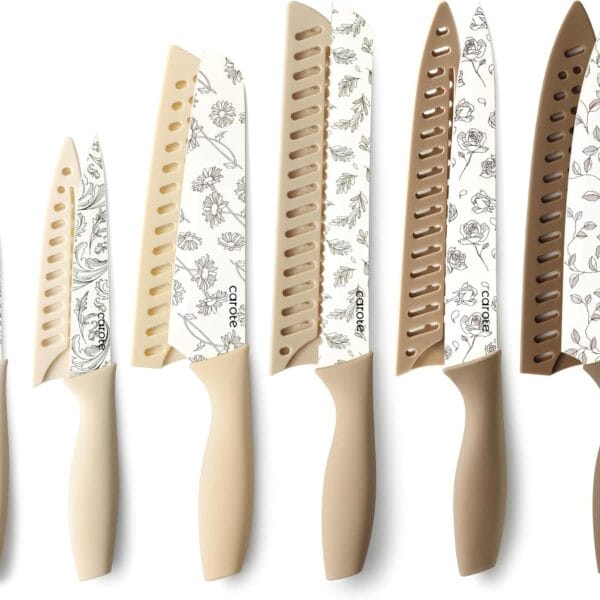 CAROTE 12PCS Knife Set, Kitchen Knife Set with 6 Blade Guards, Stainless Steel Knives Set With Nonstick Ceramic Coating, Rustproof, Delicate Floral Designs, White