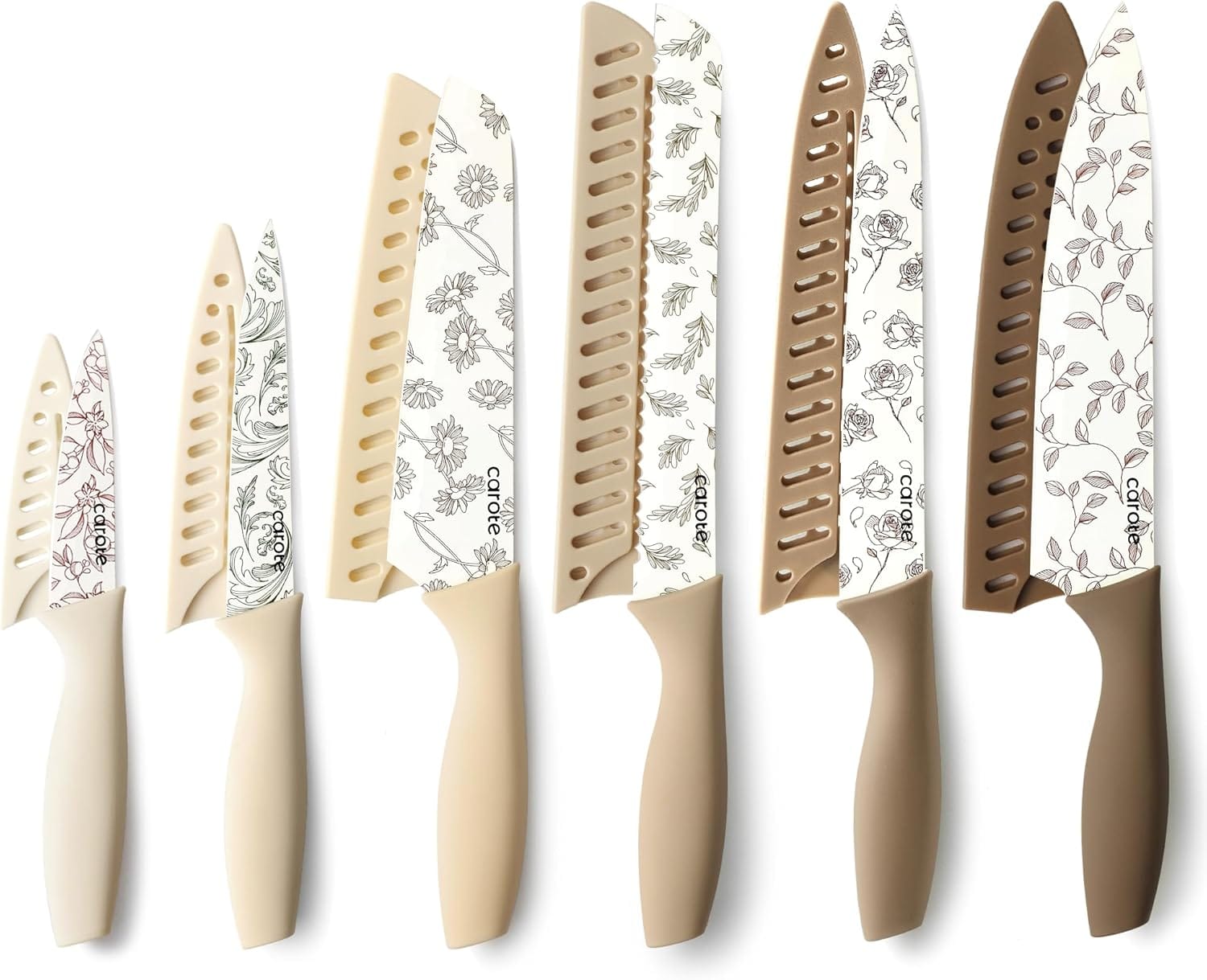 CAROTE 12PCS Knife Set, Kitchen Knife Set with 6 Blade Guards, Stainless Steel Knives Set With Nonstick Ceramic Coating, Rustproof, Delicate Floral Designs, White CAROTE 12PCS Knife Set, Kitchen Knife Set with 6 Blade Guards, Stainless Steel Knives Set With Nonstick Ceramic Coating, Rustproof, Delicate Floral Designs, White