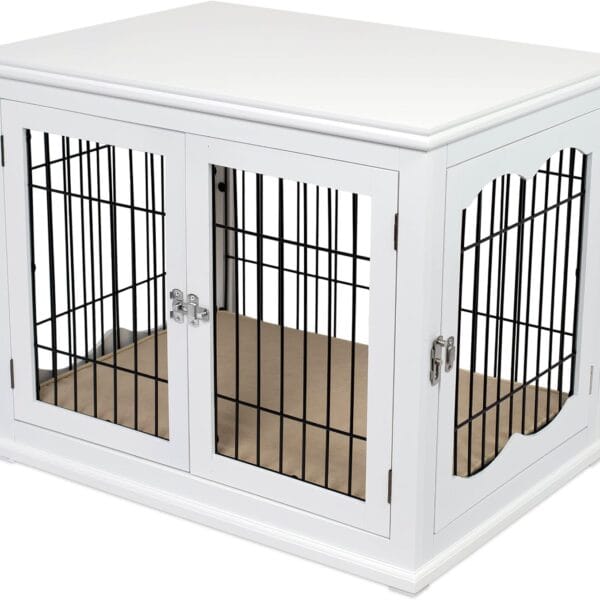 BIRDROCK HOME Decorative Dog Kennel with Pet Bed - Small Indoor Pet Crate, Double Door Design, Engineered Wood & Metal Wire, Furniture-Style House for Small Dogs, Side Table or Nightstand, White