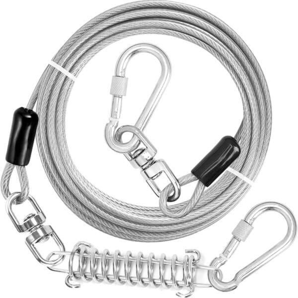 jenico Dog Tie Out Cable, 10/15/20/30/40/50/70/100/150FT Runner Cable with Swivel Hook and Shock Spring, Dog Leash Run Tether for Yard Outdoor and Camping,for Small to Medium Pets Up to 500 LBS