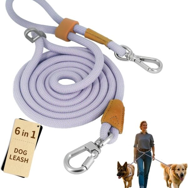 6-in-1 Dual Dog Leash - No-Pull Waist Leash for Large Dogs, 7FT Heavy Duty with Locking Carabiner (Purple)
