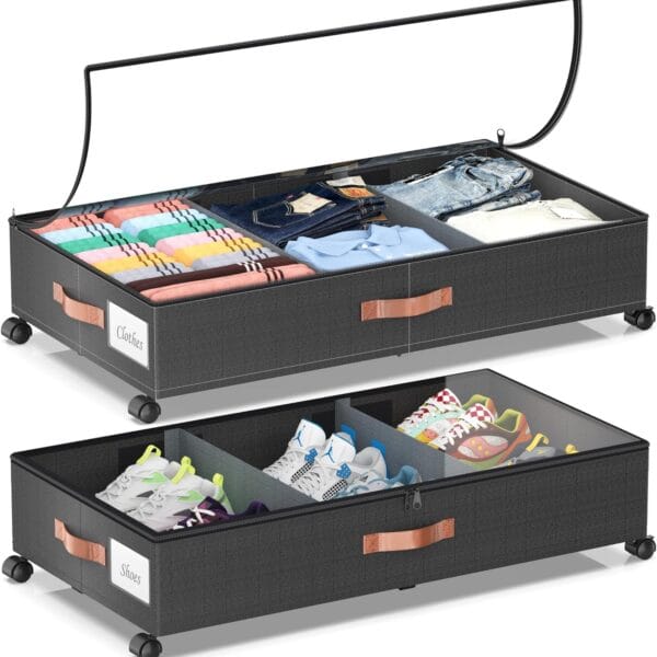 Under Bed Storage with Wheels, 2 Pack Under Bed Storage Containers with Dividers & Clear Lids, Under the bed storage Organizer Bins,Underbed Storage with Wheels for Clothes,Toys,Shoes (Black, 2 Pack)