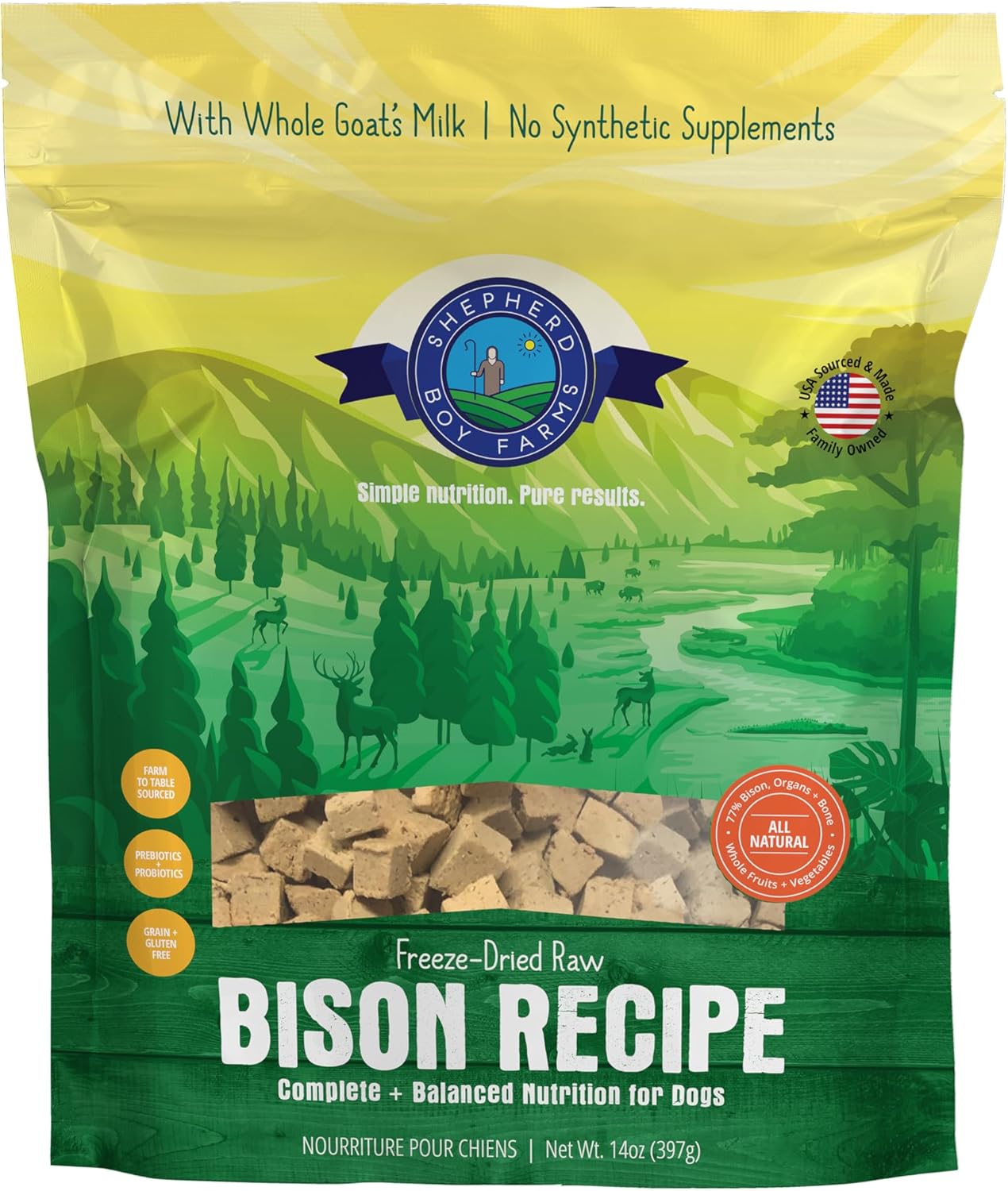 Shepherd Boy Farms Freeze Dried Raw Dog Food, Bison Recipe, All Natural, No Synthetics, Made in USA with Goat's Milk & Organic Produce, High Protein, Complete Meal (14oz) Shepherd Boy Farms Freeze Dried Raw Dog Food, Bison Recipe, All Natural, No Synthetics, Made in USA with Goat's Milk & Organic Produce, High Protein, Complete Meal (14oz)