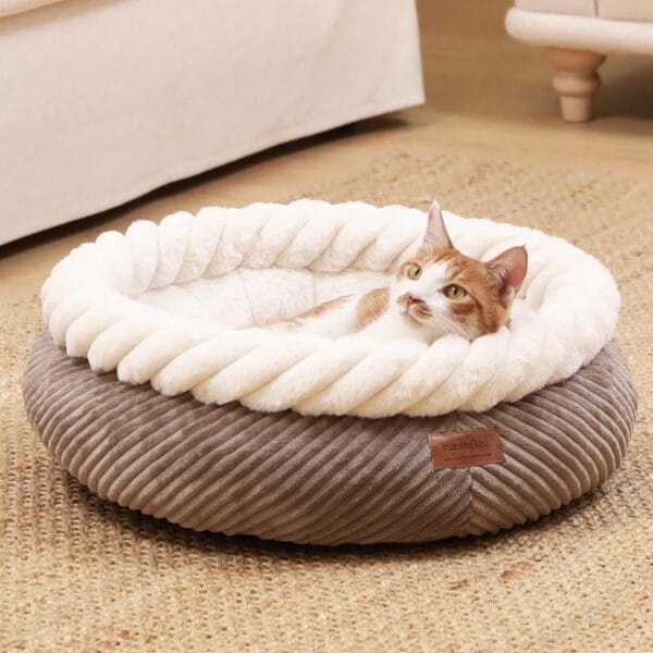 FUKUMARU Cat Beds for Indoor Cats, Washable Round Donut Cat Bed, Super Soft Cute Dog Bed for Small Dogs and Puppy, Cozy Plush Faux Fur Calming Pet Bed with Anti-Slip Bottom, 21inch, Camel