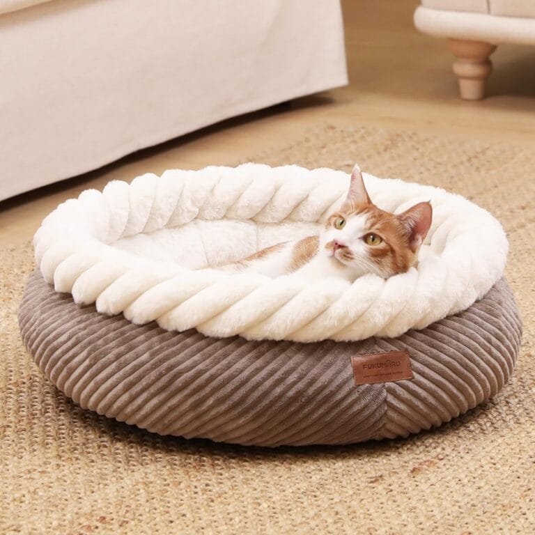 FUKUMARU Cat Beds for Indoor Cats, Washable Round Donut Cat Bed, Super Soft Cute Dog Bed for Small Dogs and Puppy, Cozy Plush Faux Fur Calming Pet Bed with Anti-Slip Bottom, 21inch, Camel
