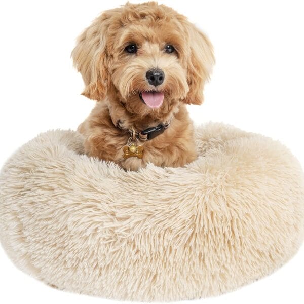 Small Dog Bed Calming Dogs Bed for Small Medium Large Dogs Anti-Anxiety Puppy Bed Machine Washable Warming Cozy Soft Pet Round Bed Fits up to 10-100 lbs (Small (Pack of 1), Beige)