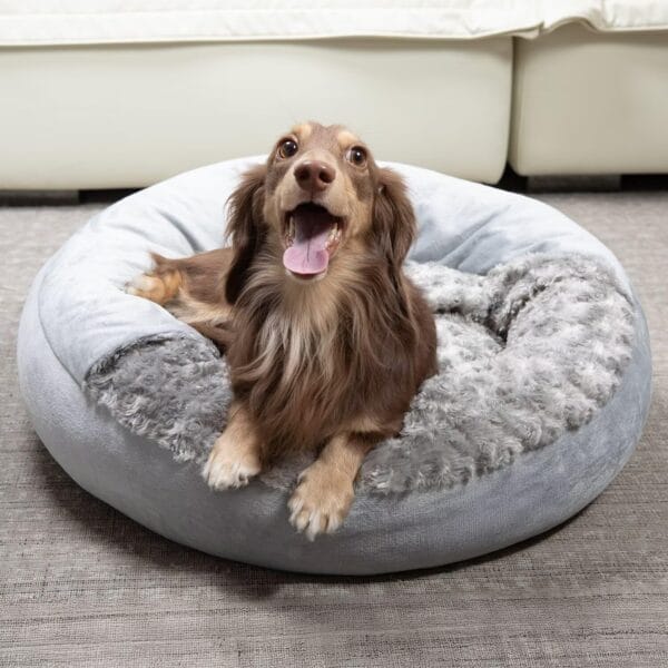 Cave Dog Bed with Blanket Donut Round Plush Cozy Cat Pet Bed for Puppy Machine Washable Removable Cover Cat Anti-Slip Bottom Gray 26X26X8 inch