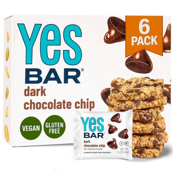 The YES Bar  Dark Chocolate Chip  Plant Based Protein, Decadent Snack Bar  Vegan, Paleo, Gluten Free, Dairy Free, Low Sugar, Healthy Snack, Breakfast, Low Carb, Keto Friendly (Pack of 6)