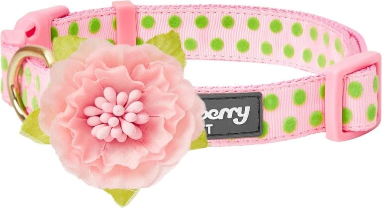 Blueberry Pet Adjustable Flocking Dog Collar with Silk Flower, Pink Dog Collar for Girls, Medium, 14.5"-20" Neck, 3/4" Width, Girl Dog Collars for Small Dogs