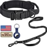 DAGANXI Tactical Dog Collar Leash Set, Adjustable Military Training Nylon Dog Collar with Controll Handle and Heavy Metal Buckle for Medium and Large Dogswith Patches and Airtags Case (L, Black-Set)