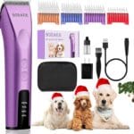 Professional Animal Pet Dog Cat and Horse Cordless Hair Clipper Grooming Kit with 5 in 1 Blade Low Noise & High Power Rechargeable Cordless Pet Grooming Clipper for Thick Heavy Coats -Purple