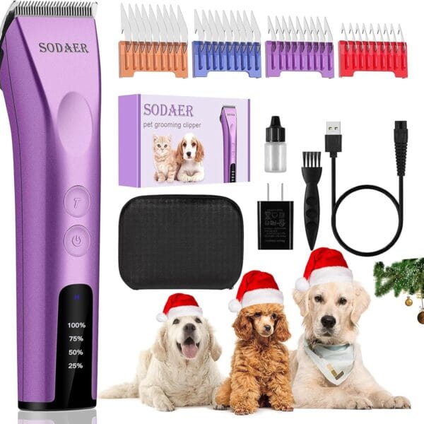 Professional Animal Pet Dog Cat and Horse Cordless Hair Clipper Grooming Kit with 5 in 1 Blade Low Noise & High Power Rechargeable Cordless Pet Grooming Clipper for Thick Heavy Coats -Purple
