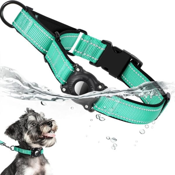 Airtag Dog Collar, Reflective Martingale Dog Collar with IP68 Waterproof Airtag Holder, Quick Release Buckle Soft Padded Collars for Large Medium Small Dogs, Green