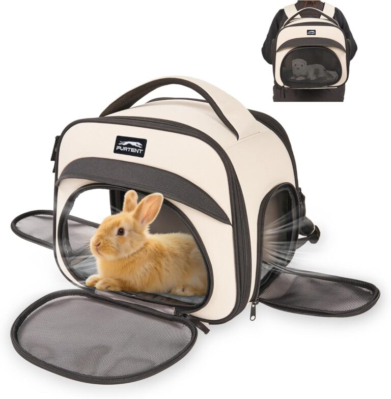Bunny Backpack, Breathable Collapsible Small Pet Carrier with Safety Leash - for Puppies, Kittens, and Ferret Weighing up to 8 lbs, Designed for Travel, Walking and Outdoor Use Cat Bag, Beige