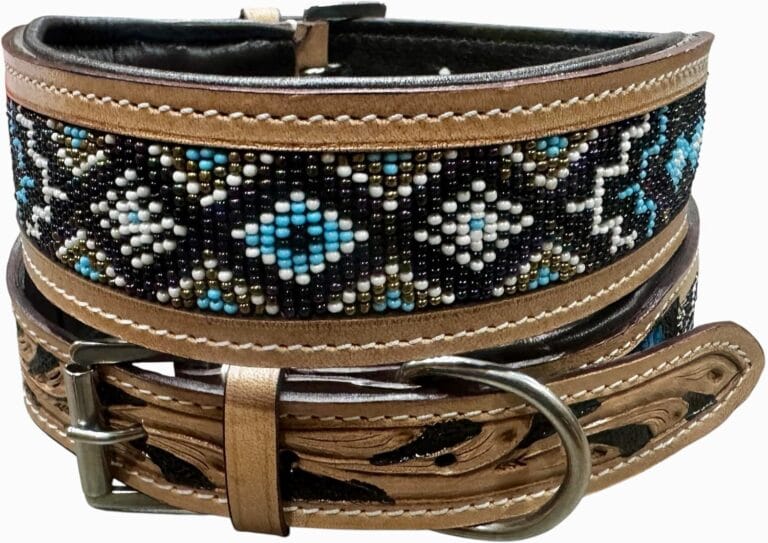 Majestic Ally Padded Leather Dog Collar, Multi-Color Beaded Diamond Design, Handcrafted (Medium, Diamond Beadwork)