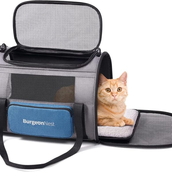 BurgeonNest Cat Carrier for Large Cats 20 lbs,Medium Pet Under 25 lbs,2 Puppy and Small Dogs with Unique Side Bag,Top Load Pet Carrier Soft-Sided Escape Proof with 4 Ventilated Windows