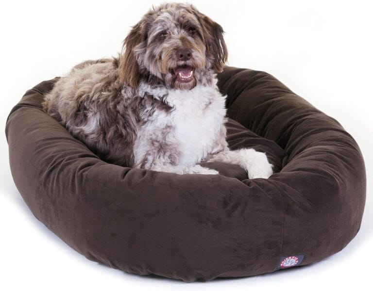 Majestic Pet 52 Inch Suede Calming Dog Bed Washable 52x35x11 (Inch)  Cozy Soft Round Donut Dog Bed with Spine Support for Dogs to Rest their Head - Round Pet Bed X- Large  Chocolate