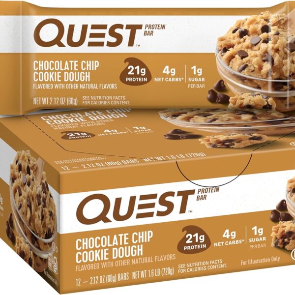 Quest Nutrition Chocolate Chip Dough Cookie Protein Bars, 21g Protein, 1g Sugar, 4g Net Carb, High Fiber, Gluten Free, Keto Friendy, 12 Count